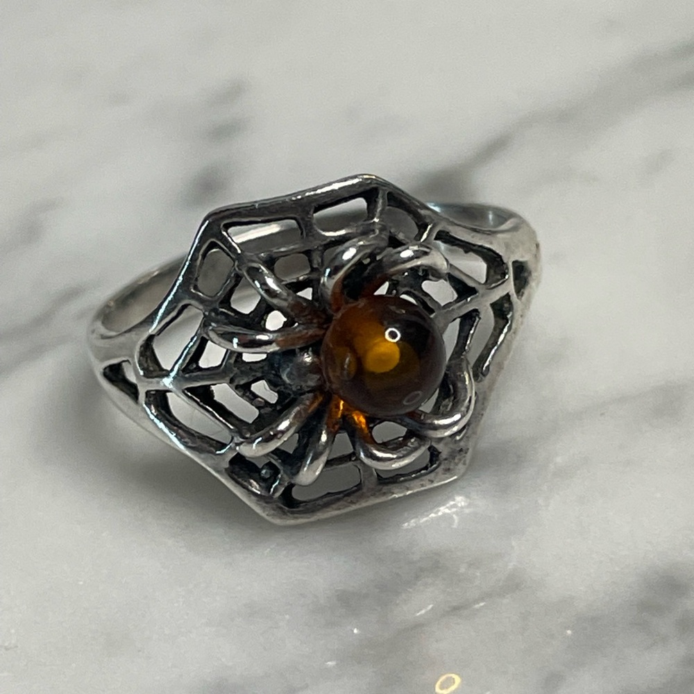 Silver Spider Web Ring with Amber Stone